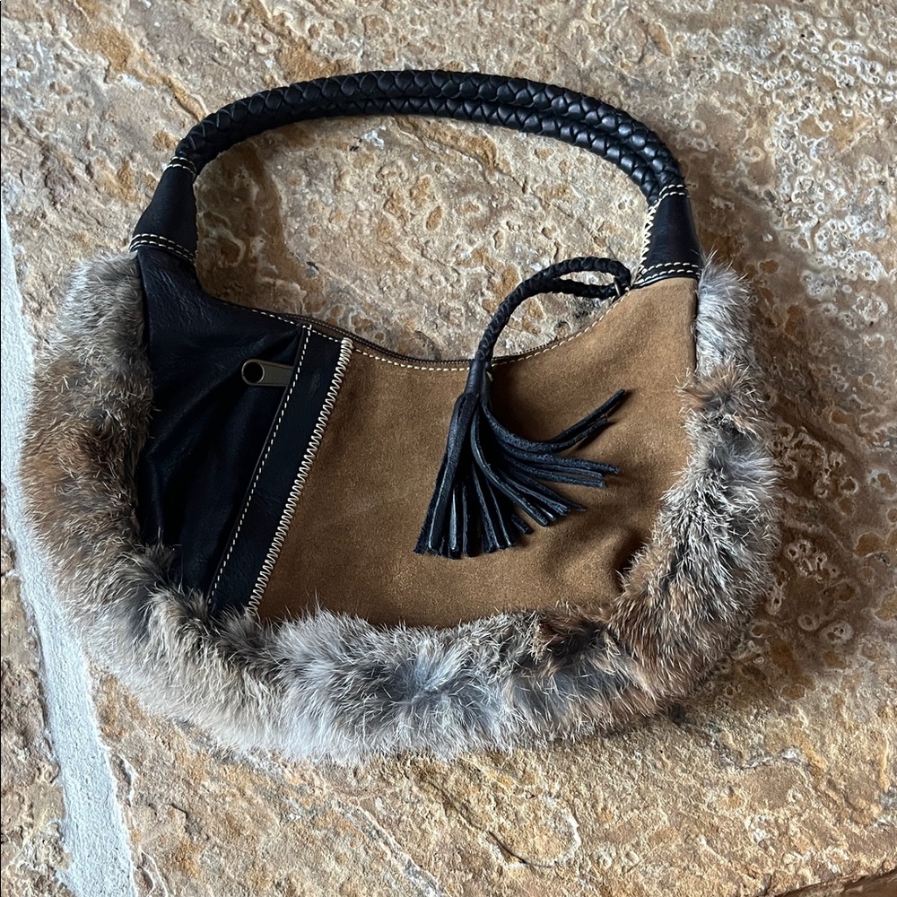 Maxx New York Mini Hobo Bag suede leather and rabbit fur trim